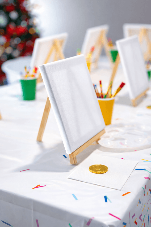Caballetes con lienzos y pinturas listos para un taller creativo